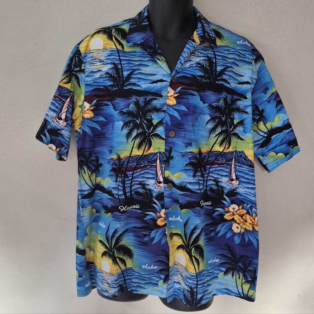 90s Hawaiian Tropical Blue Shirt XL